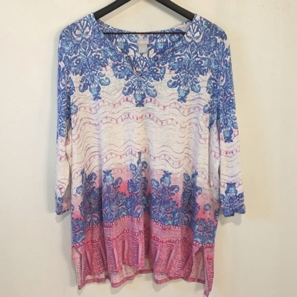 Chico's 100% Linen White Blue Pink Bohemian Split Neck Tunic Shirt - Picture 1 of 8